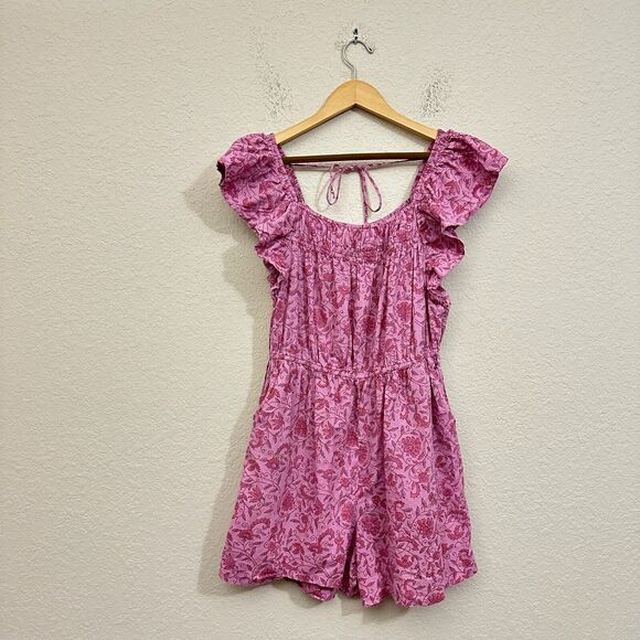 ANTHROPOLOGIE KOPAL Myra Romper Ruffles Floral Purple Red Motif Vacay Beach - Picture 1 of 14